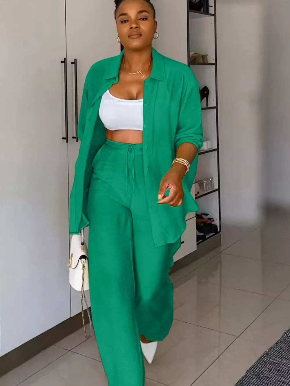 Tie-Front Top and Wide Leg Pants Set, image 8