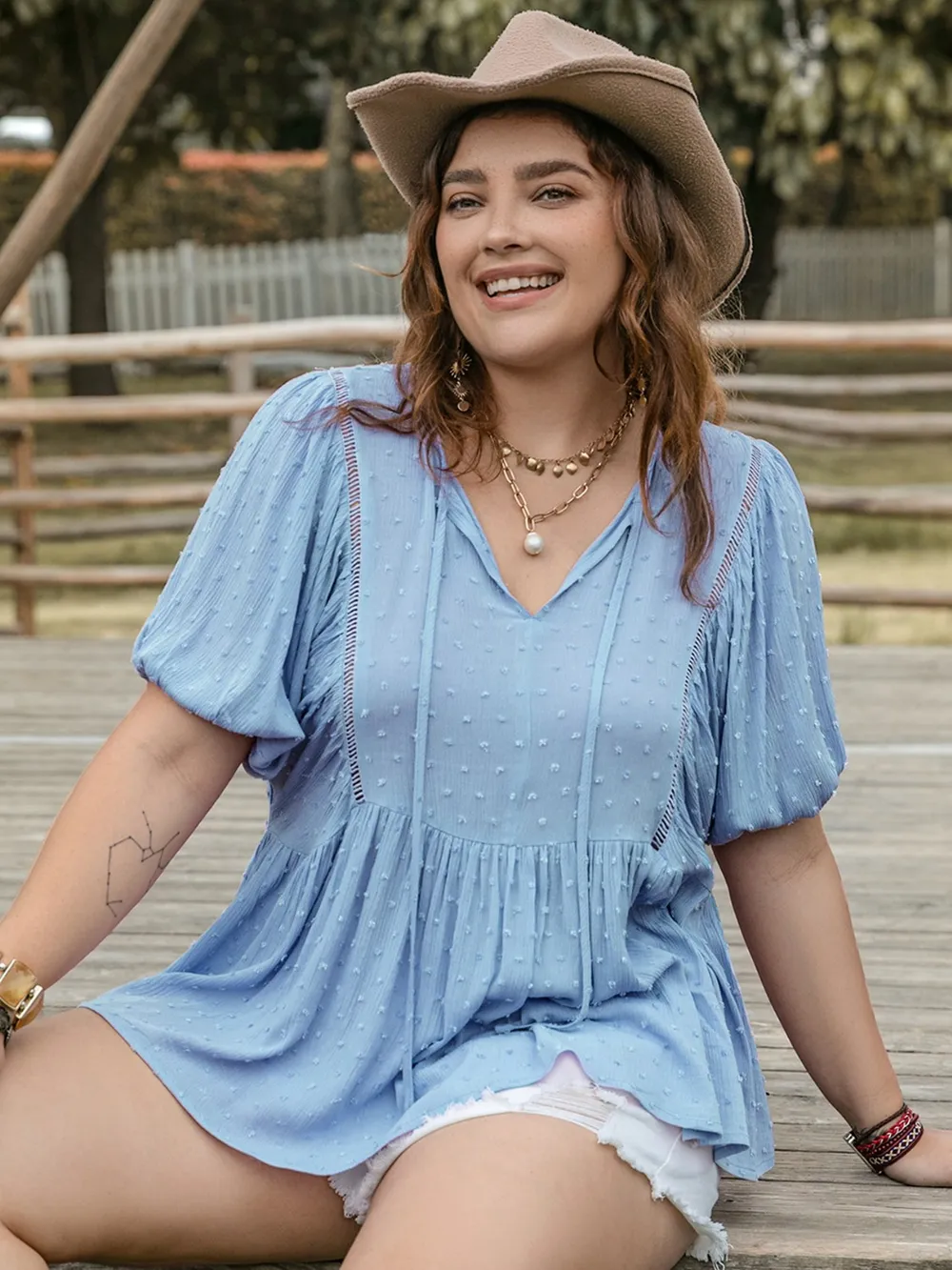Plus Size Swiss Dot Tie Neck Short Sleeve Blouse, image 3