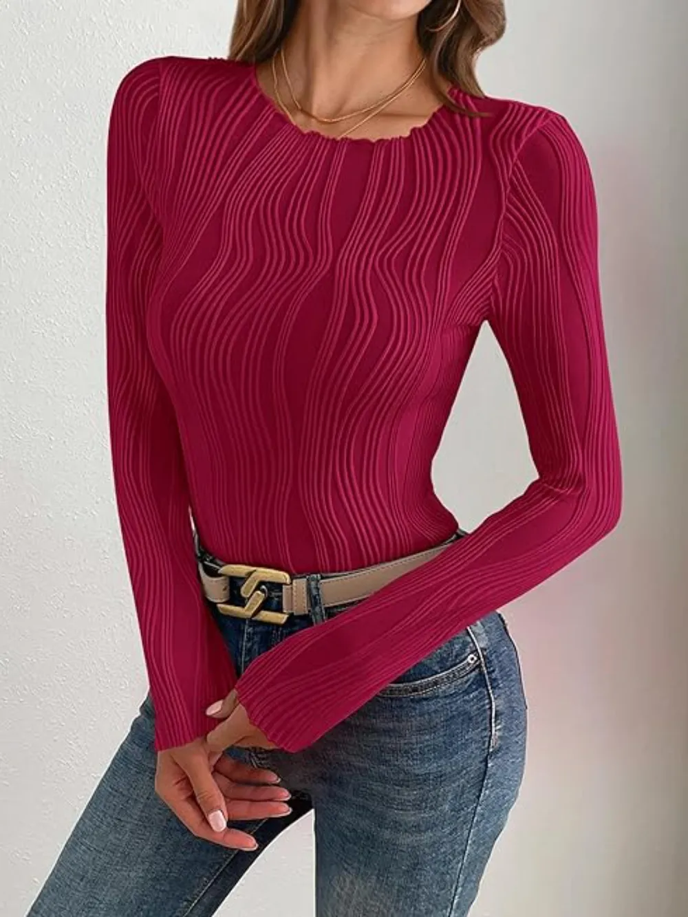 Textured Round Neck Long Sleeve Top, image 15