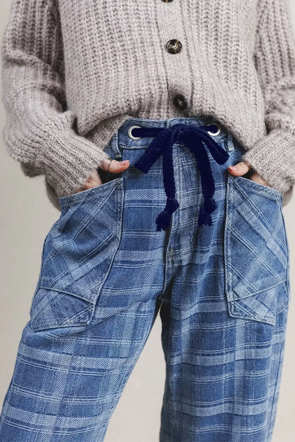 Plaid Denim Grommet Drawstring Waist Ankle-Length Jeans, image 4