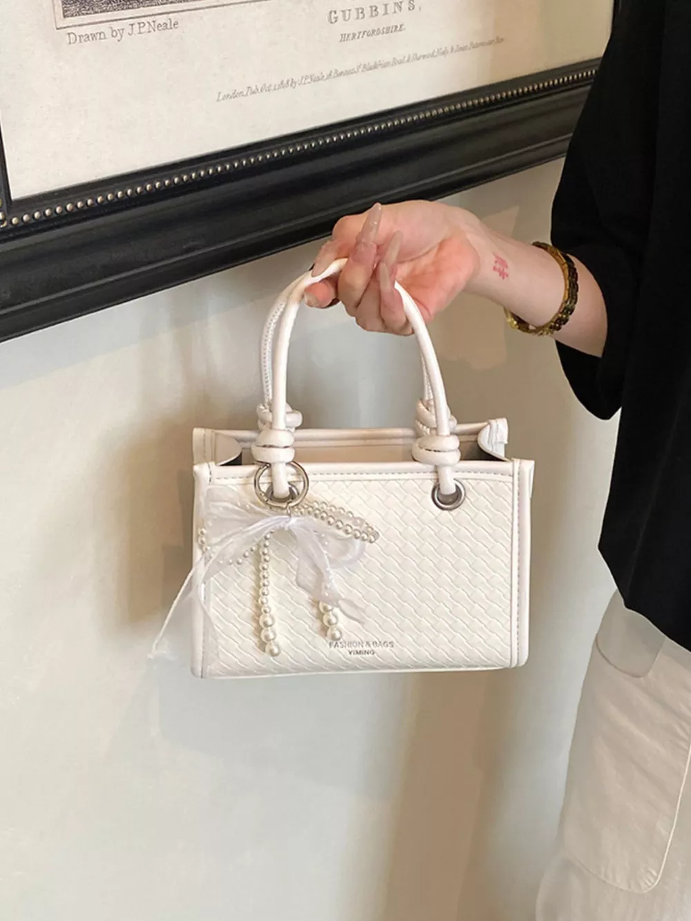 Elegant Bow Pearl Embellished Crossbody Bag, image 3