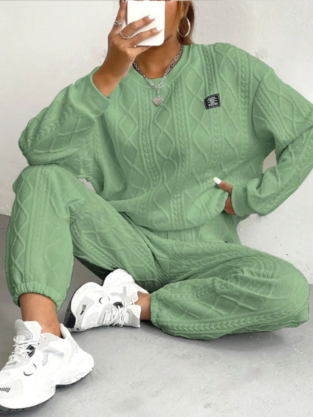 Texture Round Neck Long Sleeve Top and Pants Set, image 5