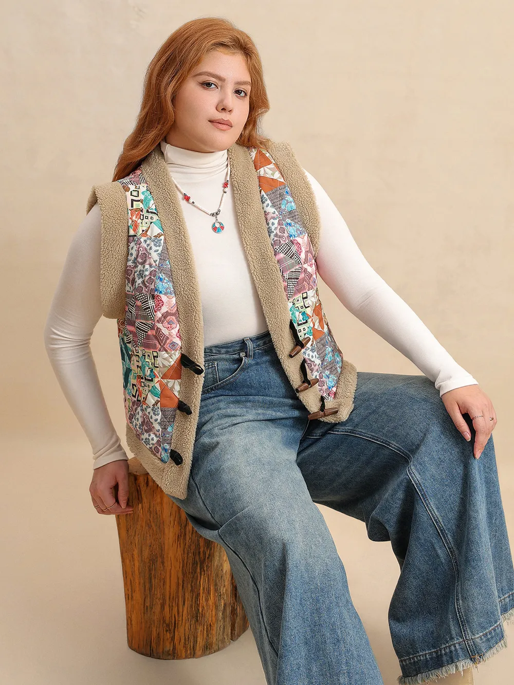 Plus Size Printed Sherpa Vest Coat, image 4