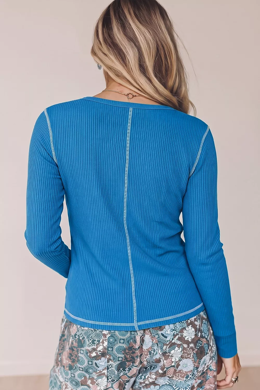 Ribbed Henley Long Sleeve T-Shirt, image 2
