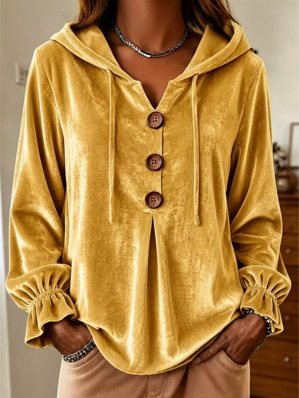 Full Size Decorative Buttons Velvet Hoodie Plus Size, image 4