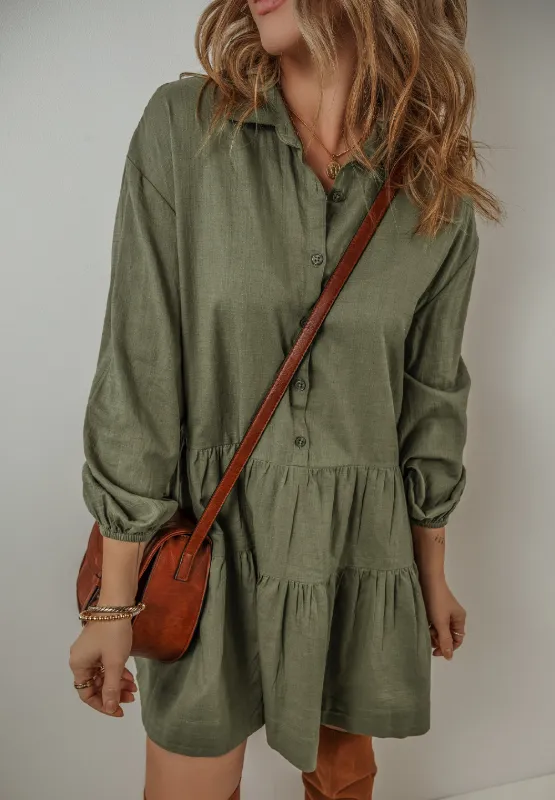 Tiered Collared Neck Balloon Sleeve Shirt Dress, image 17
