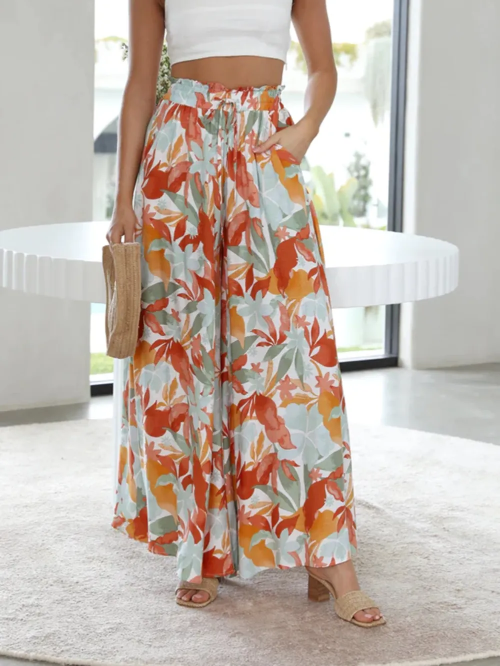 Drawstring Paperbag Waist Printed Wide Leg Pants, image 5