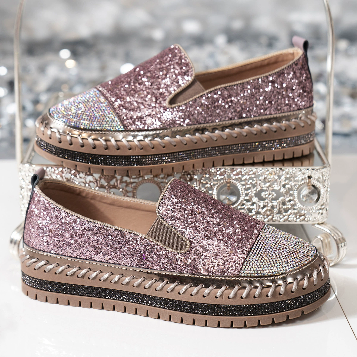 Rhinestone Sequin Round Toe Platform Loafers, image 5