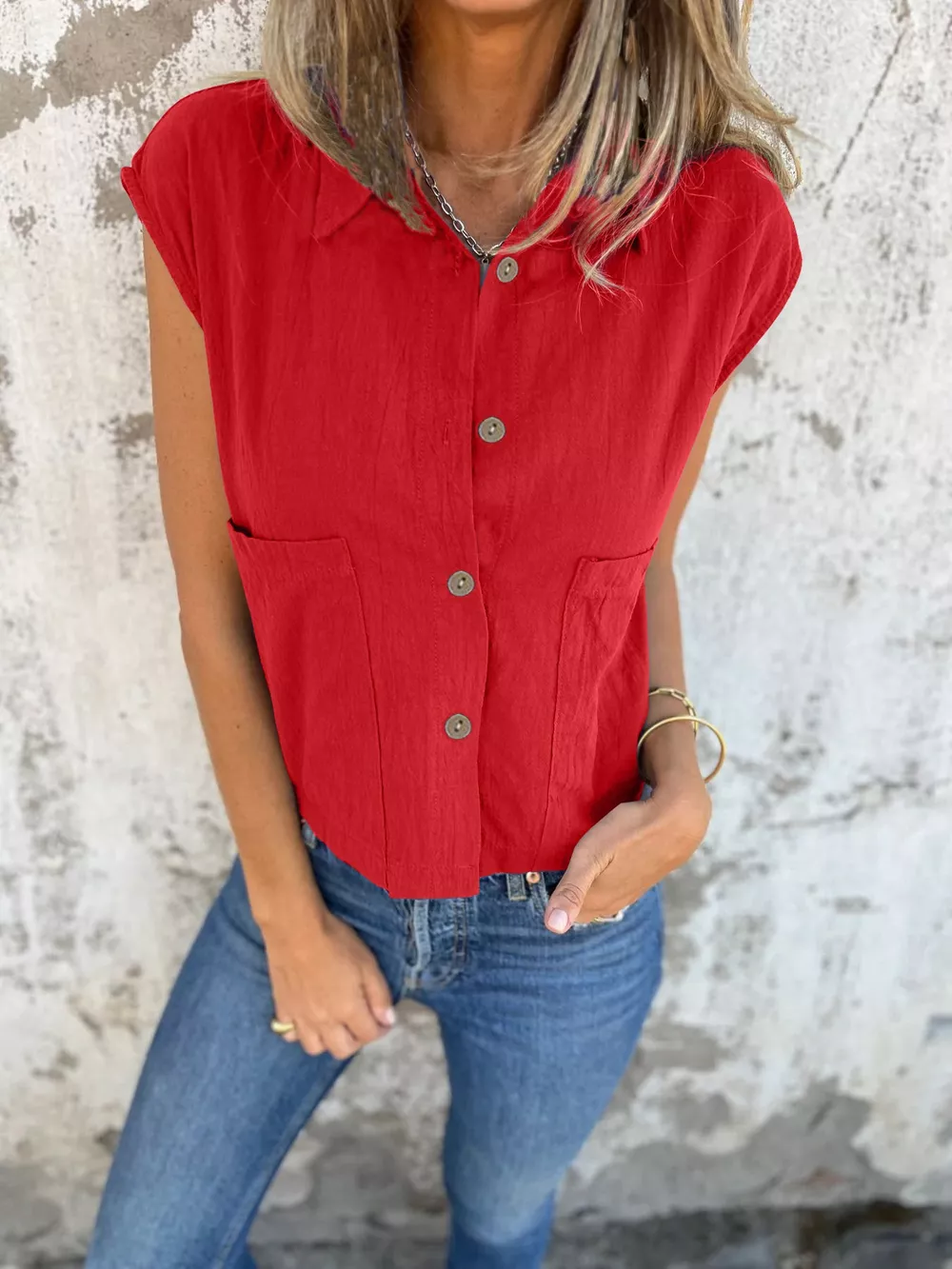 Button-Down Cap Sleeve Shirt, image 4