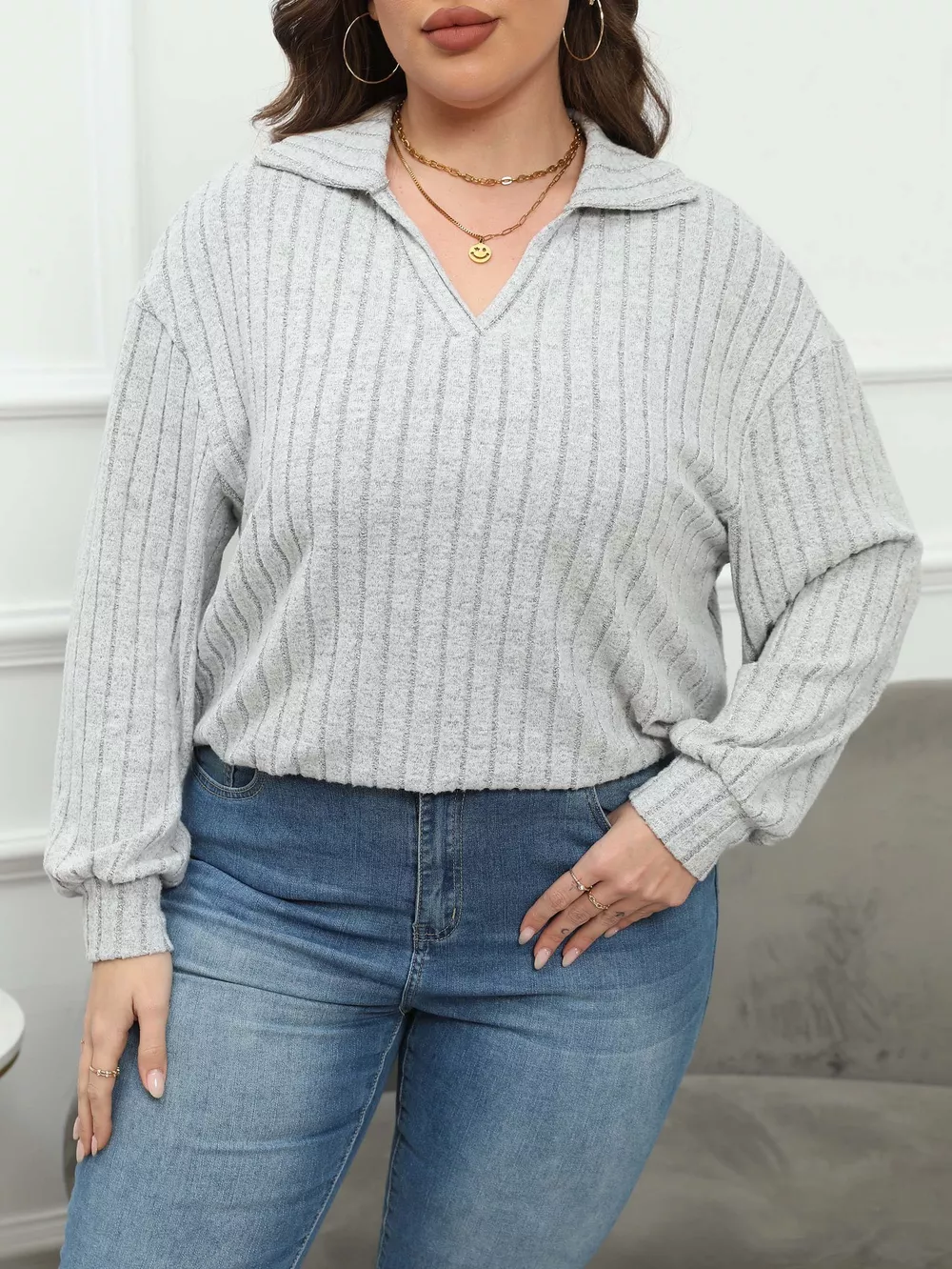 Plus Size Ribbed Knit Polo Collar T-Shirt, image 3