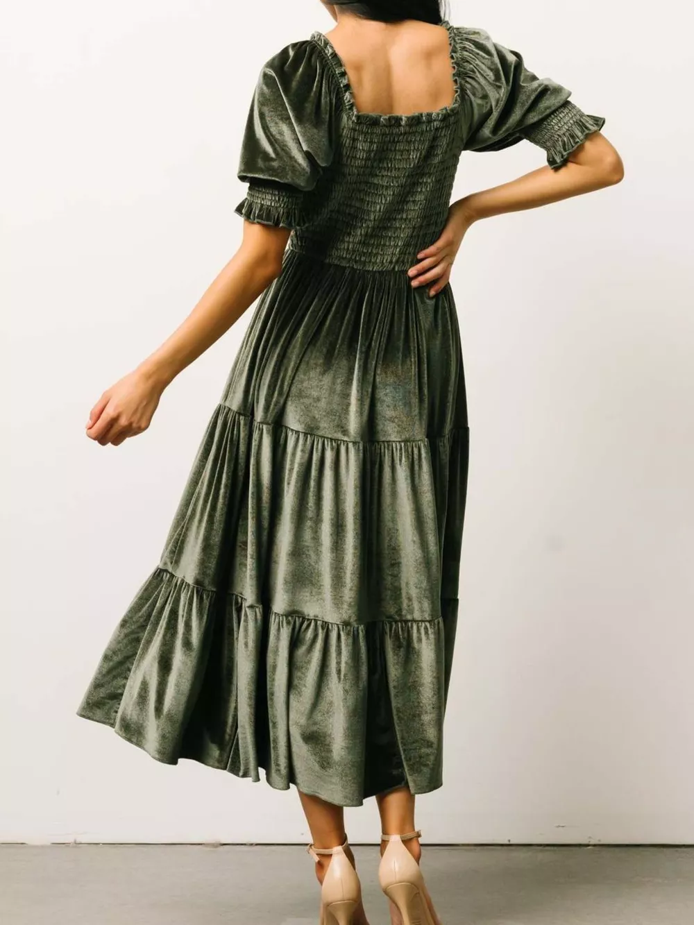 Velvet Smocked Tiered Midi Dress, image 8