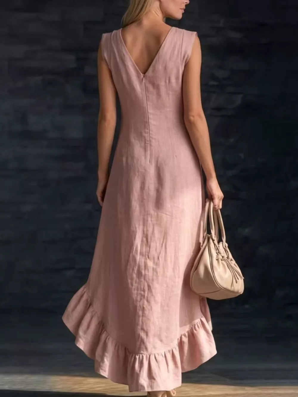Sleeveless V-Neck Ruffle Hem High-Low Dress, image 5