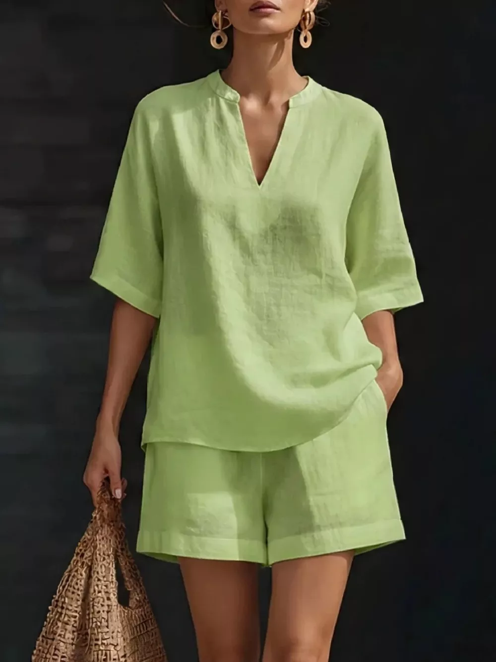 Full Size Notched Half Sleeve Top and Shorts Set Plus Size, image 6