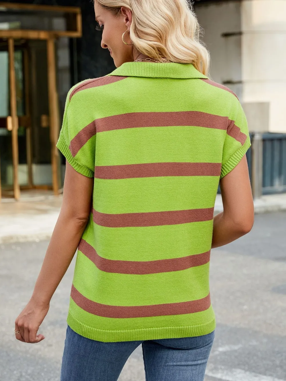 Striped Johnny Collar Cap Sleeve Sweater, image 5