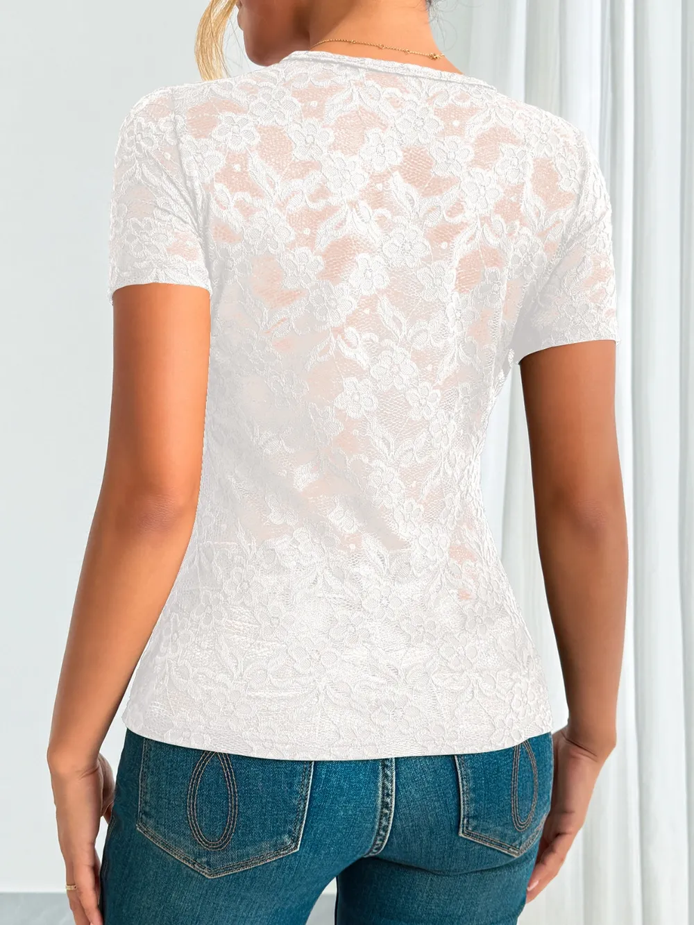 Lace V-Neck Short Sleeve Top, image 12