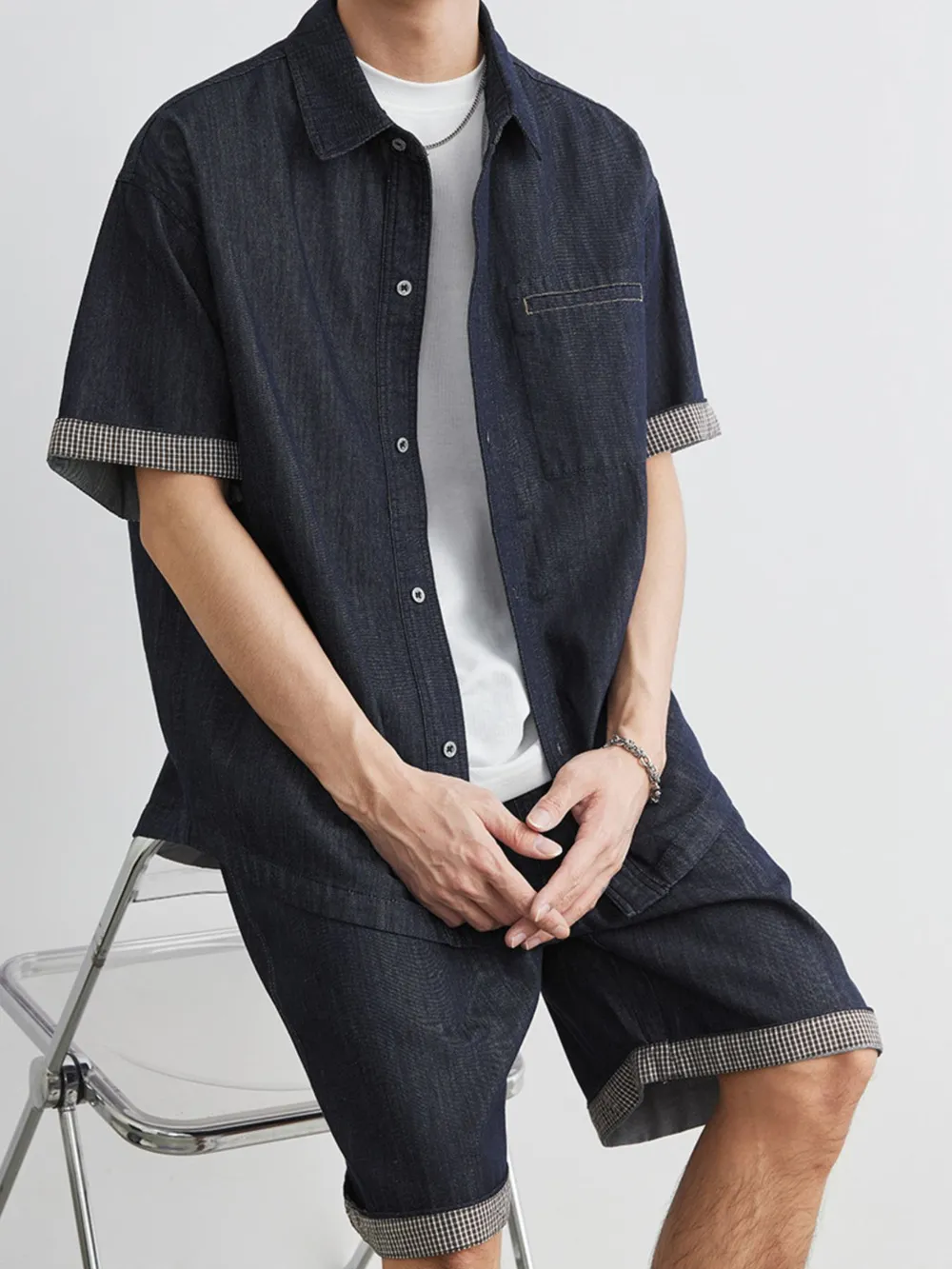 Men's Wash Short Sleeve Top and Shorts Denim Set, image 2