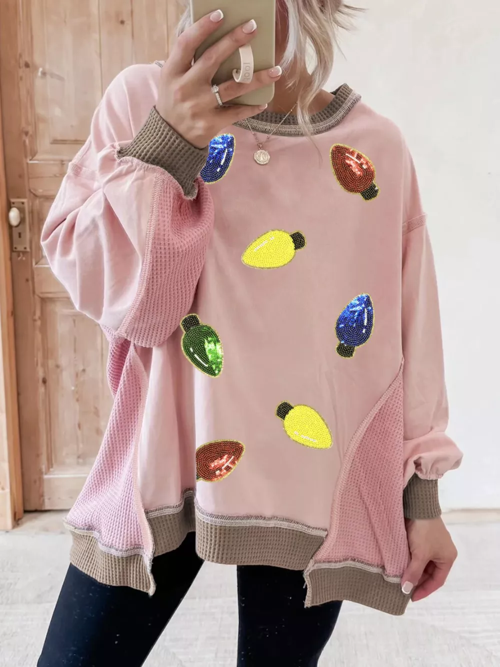Waffle Color Block Patchwork Sequin Christmas Light Bulb Loose Sweatshirt, image 2