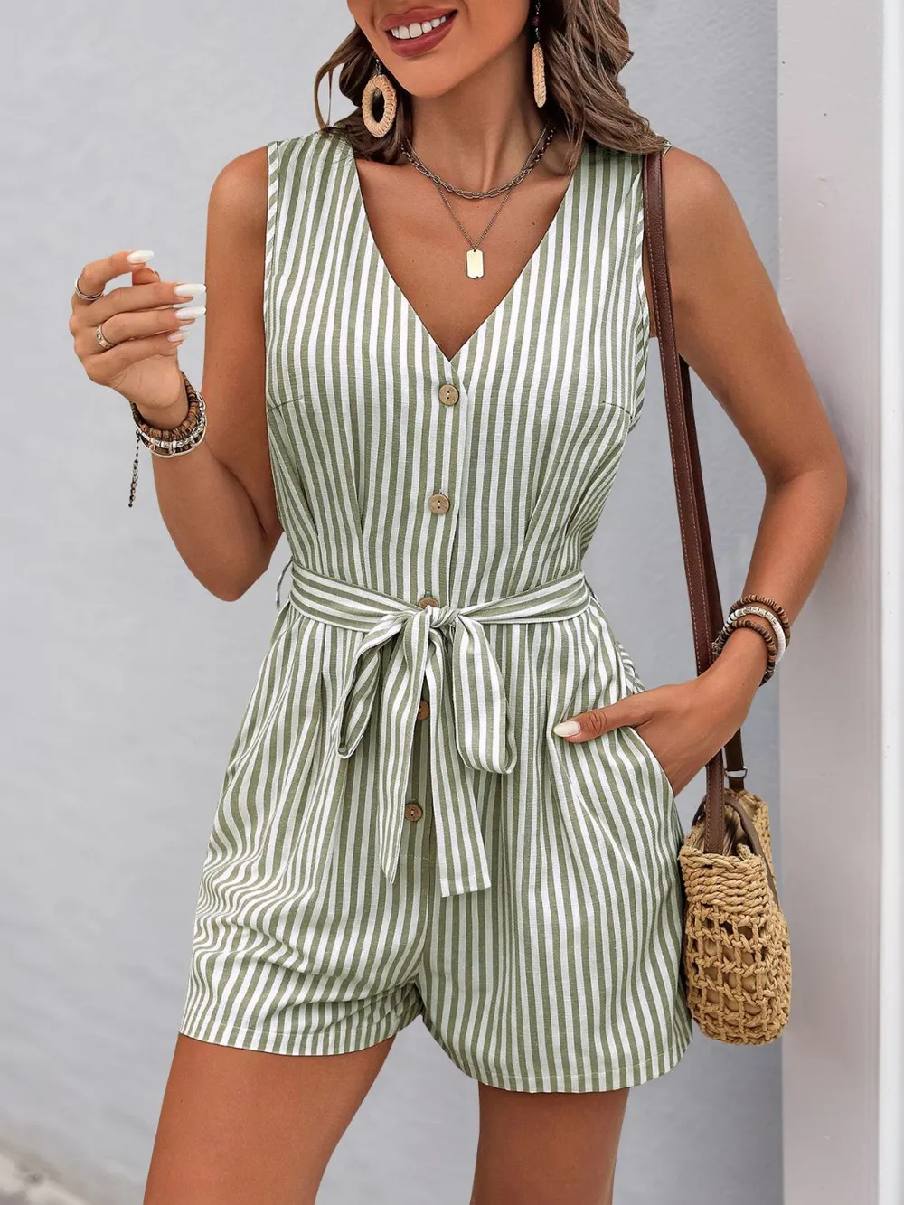 Striped V-Neck Tie Waist Romper, image 9