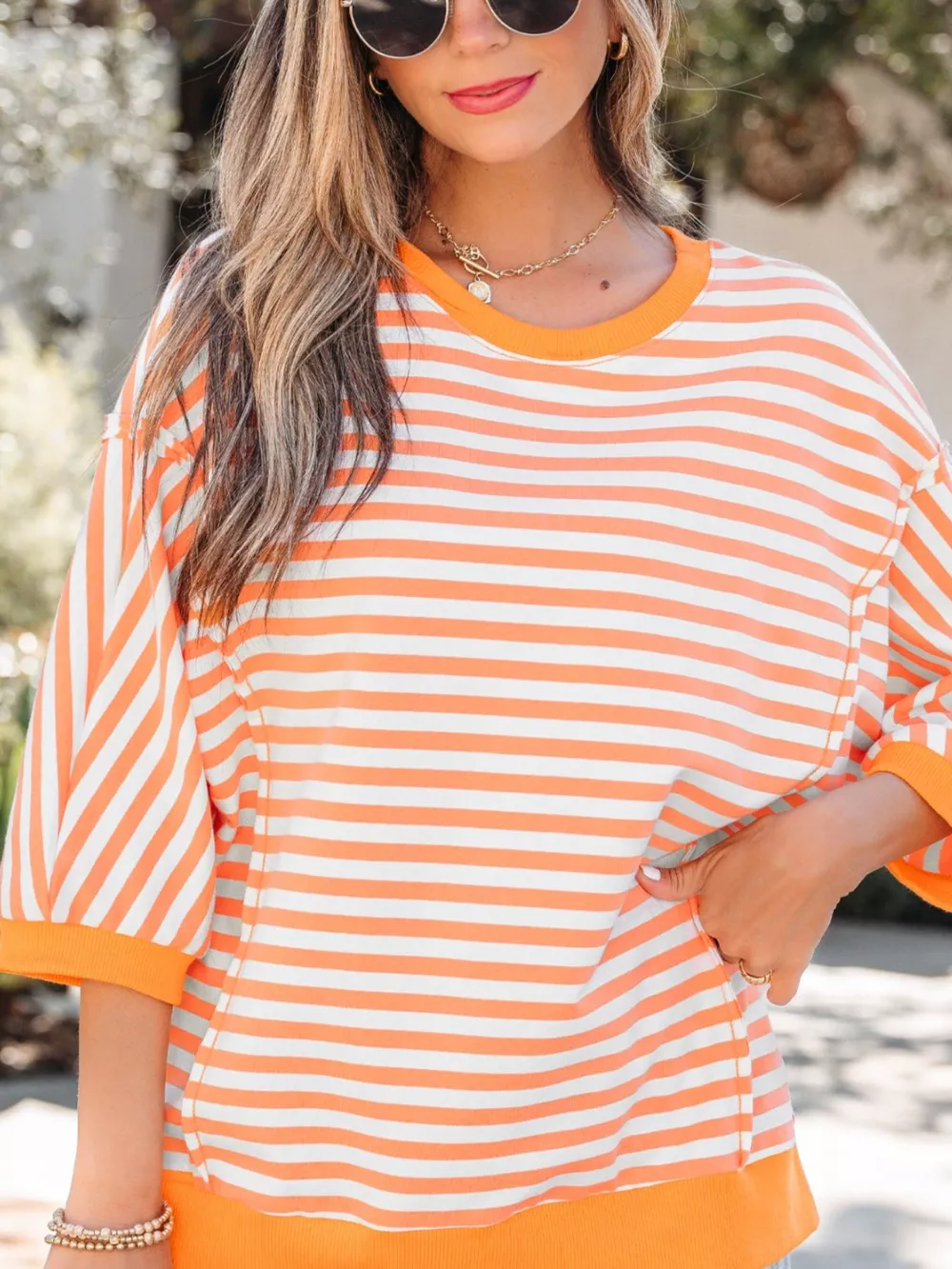 Stripe 3/4 Sleeve Exposed Seam Patchwork Pullover Top, image 3