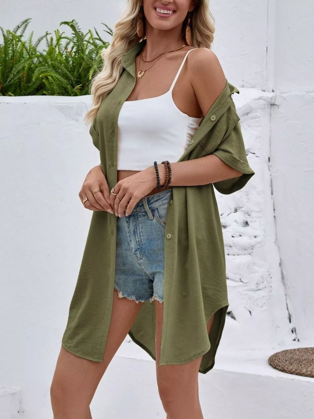Relaxed Fit Button-Down Longline Shirt, image 6