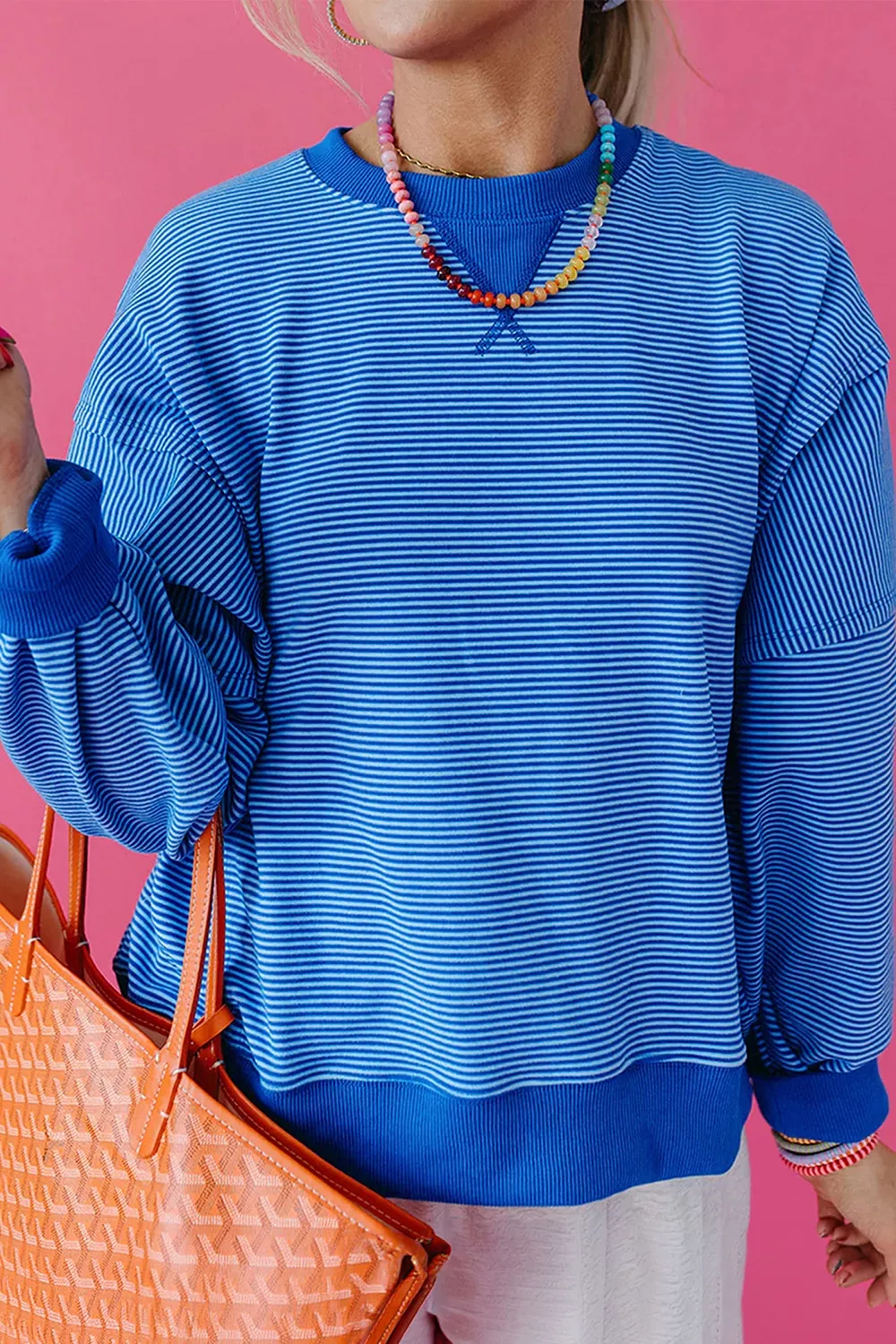 Stripe Ribbed Cuffs Hem Long Sleeve Pullover Top, image 3