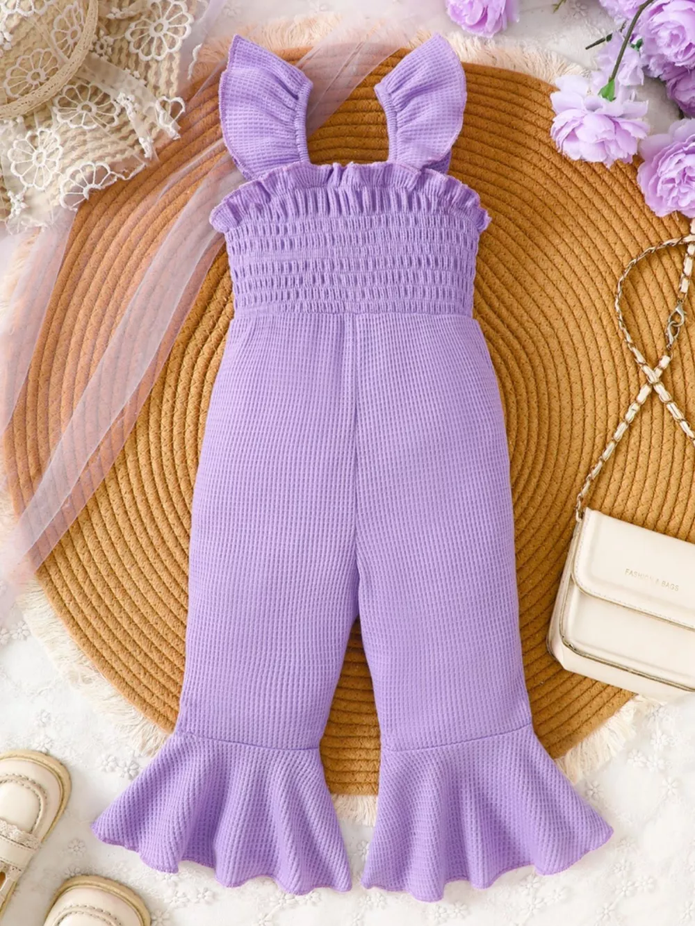 Children's Floral Decor Smocked Ruffle Hem Jumpsuit, image 5