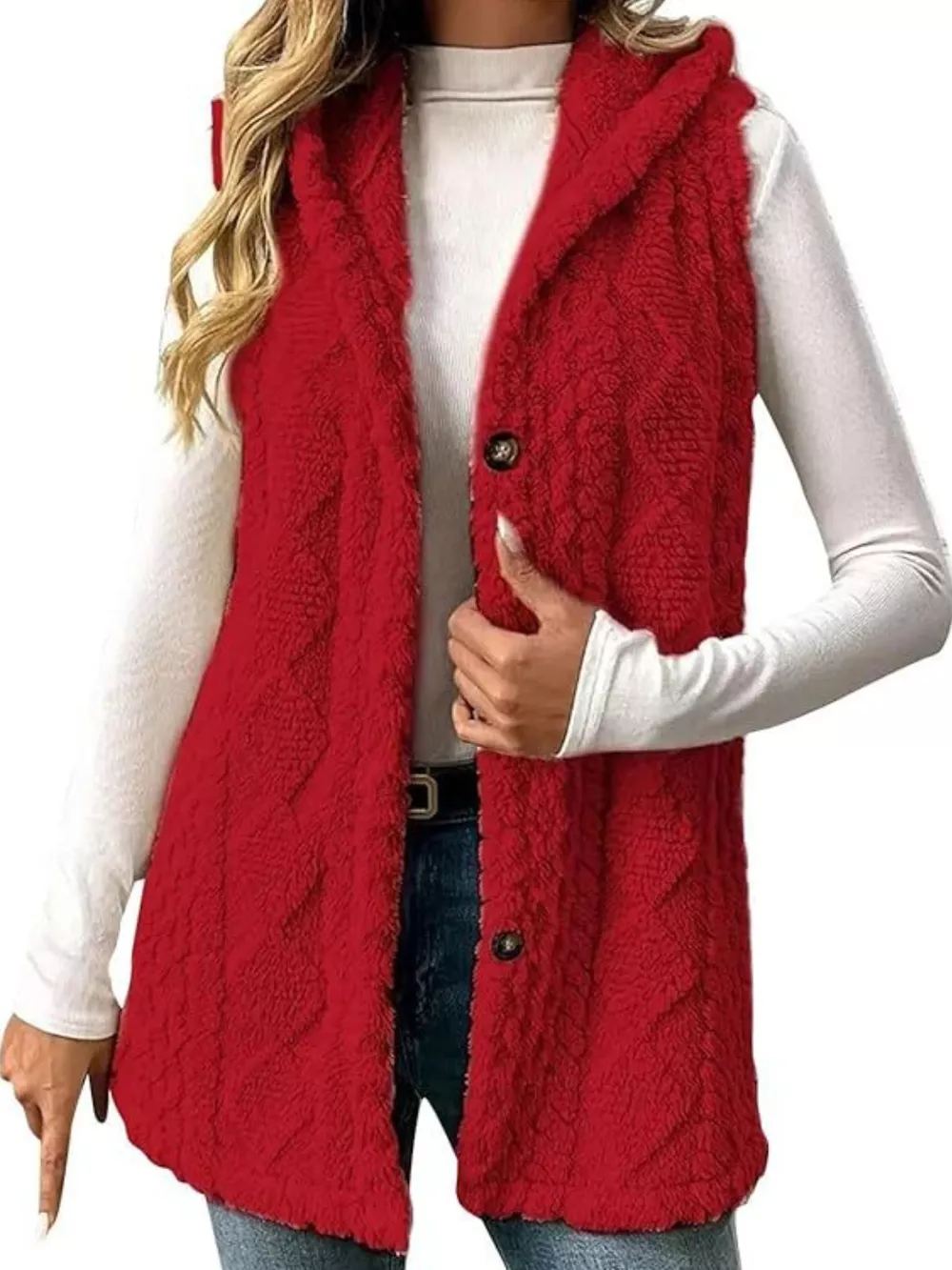 Hooded Button-Up Sherpa Vest Coat, image 9