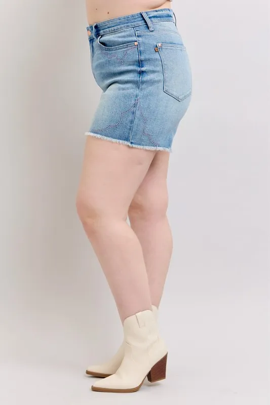 Full Size High Waist Western Embroidery Detail Cut Off Denim Shorts Plus Size, image 3