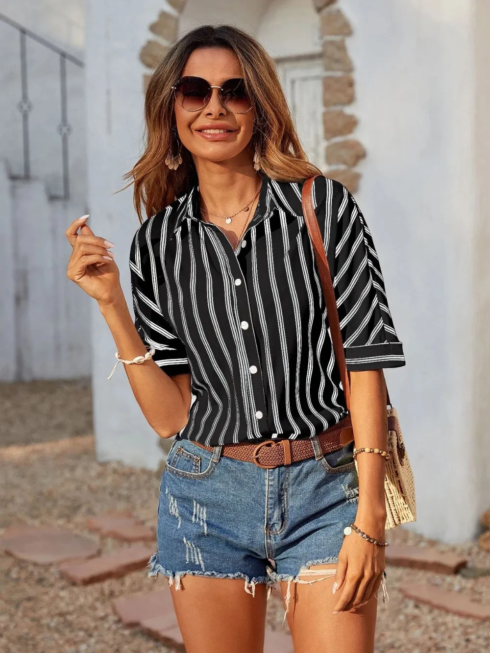 Striped Collared Neck Half Sleeve Shirt, image 9