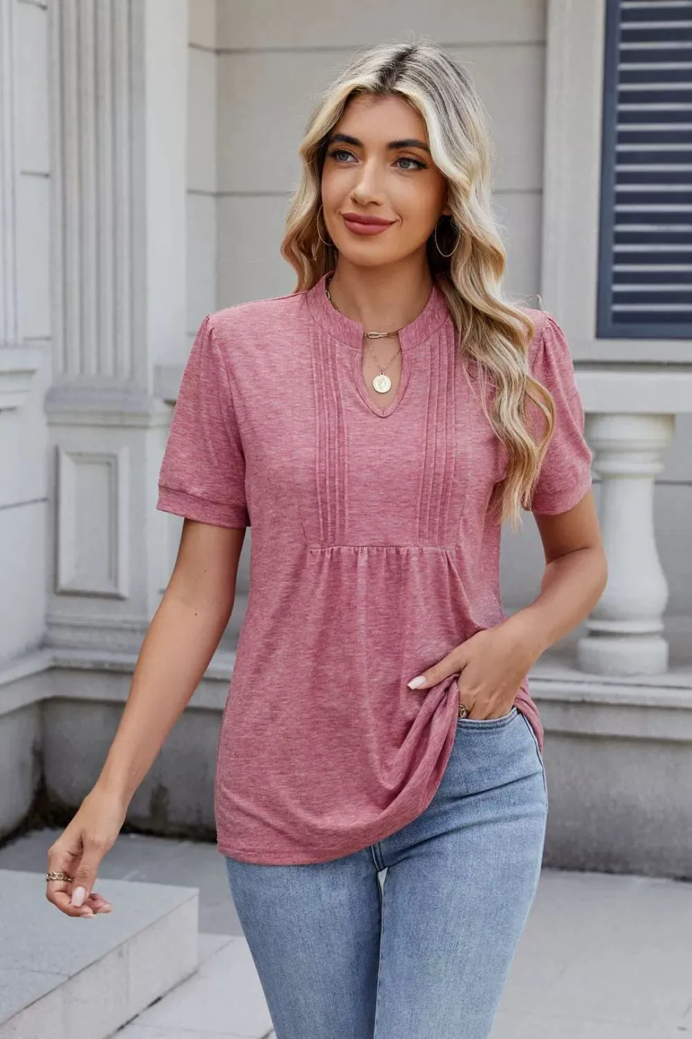 Notched Short Sleeve Solid Color Top, image 3