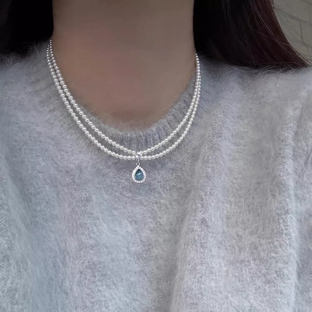 Double Layered Pearl Necklace with Teardrop Pendant, image 3