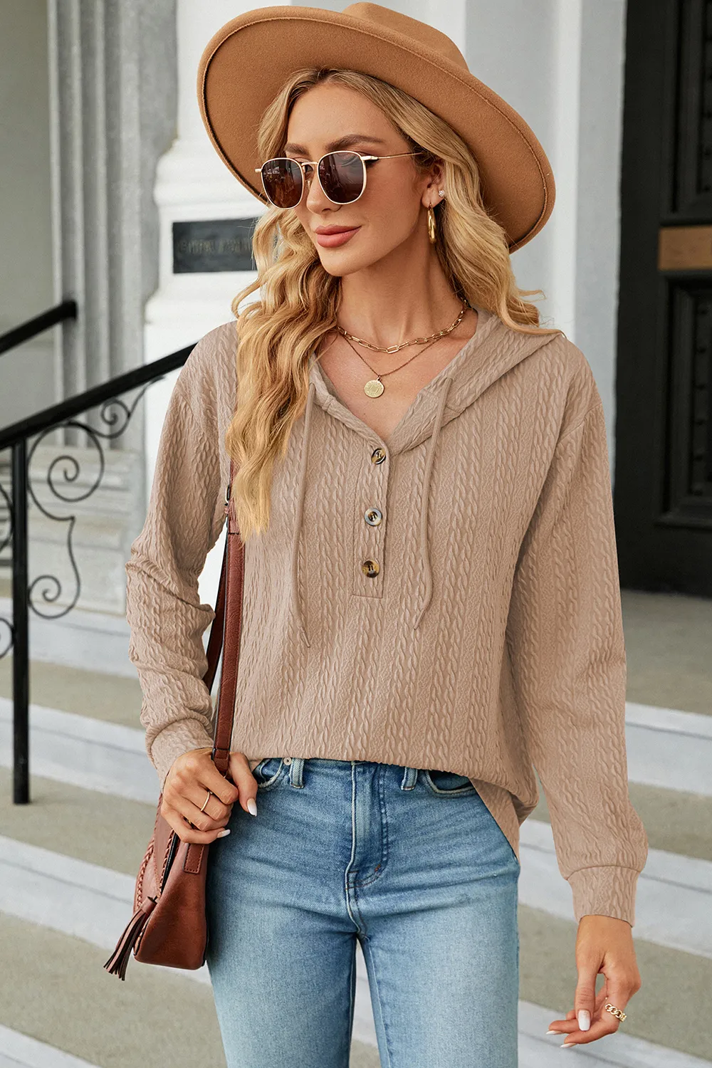 Drawstring Half Button Long Sleeve Hoodie, image 4