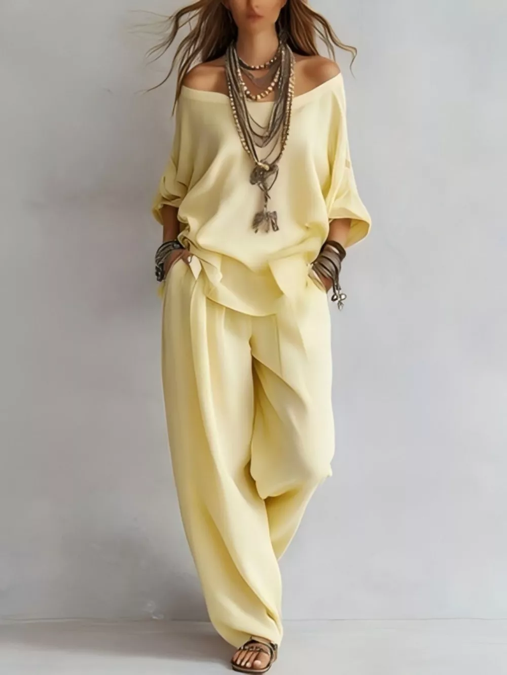 Off-Shoulder Loose Fit Top and Pants Two-Piece Set, image 8