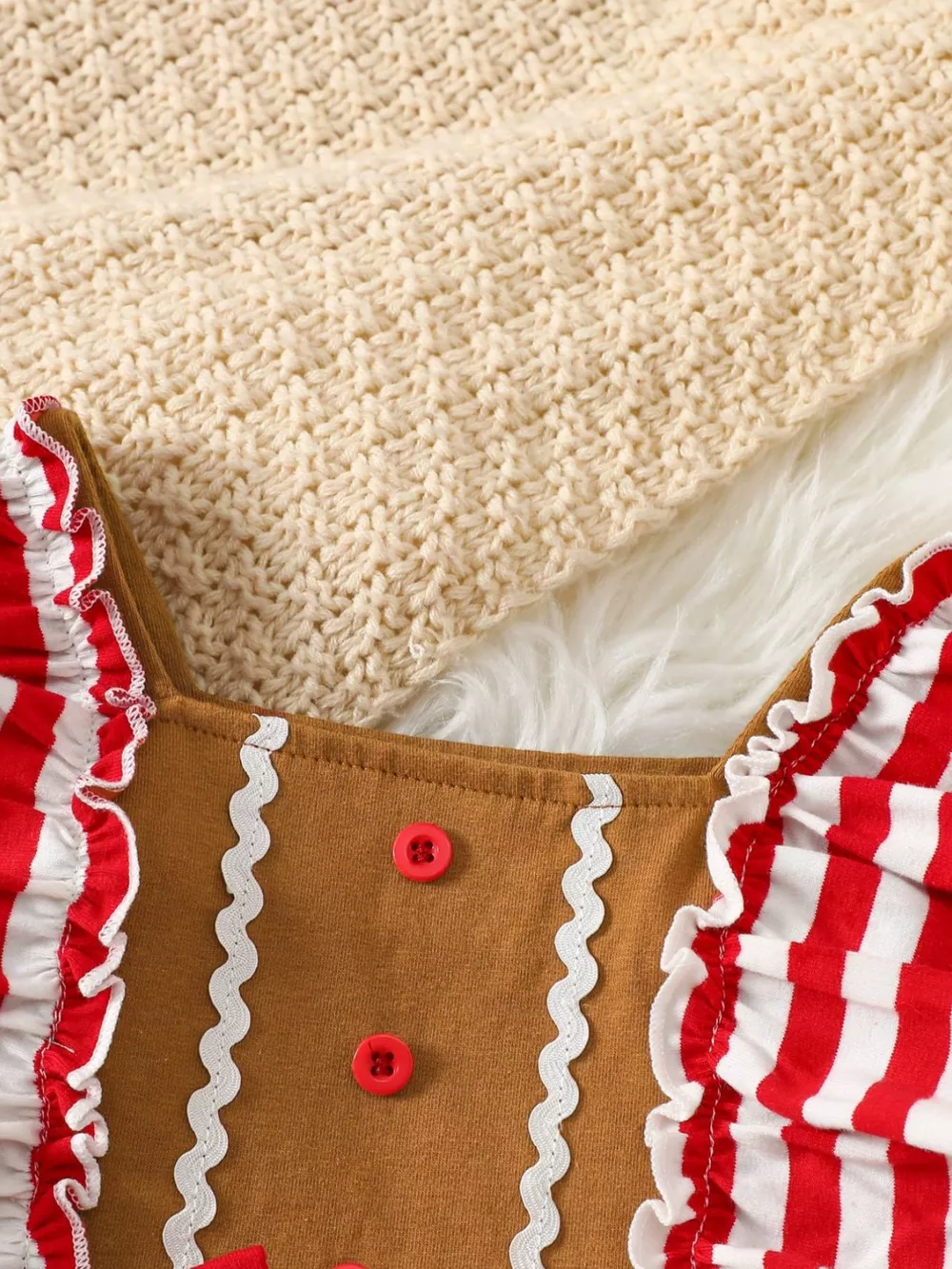 Children's Christmas Gingerbread Inspired Ruffle Trim Snapped Legs Jumpsuit, image 3