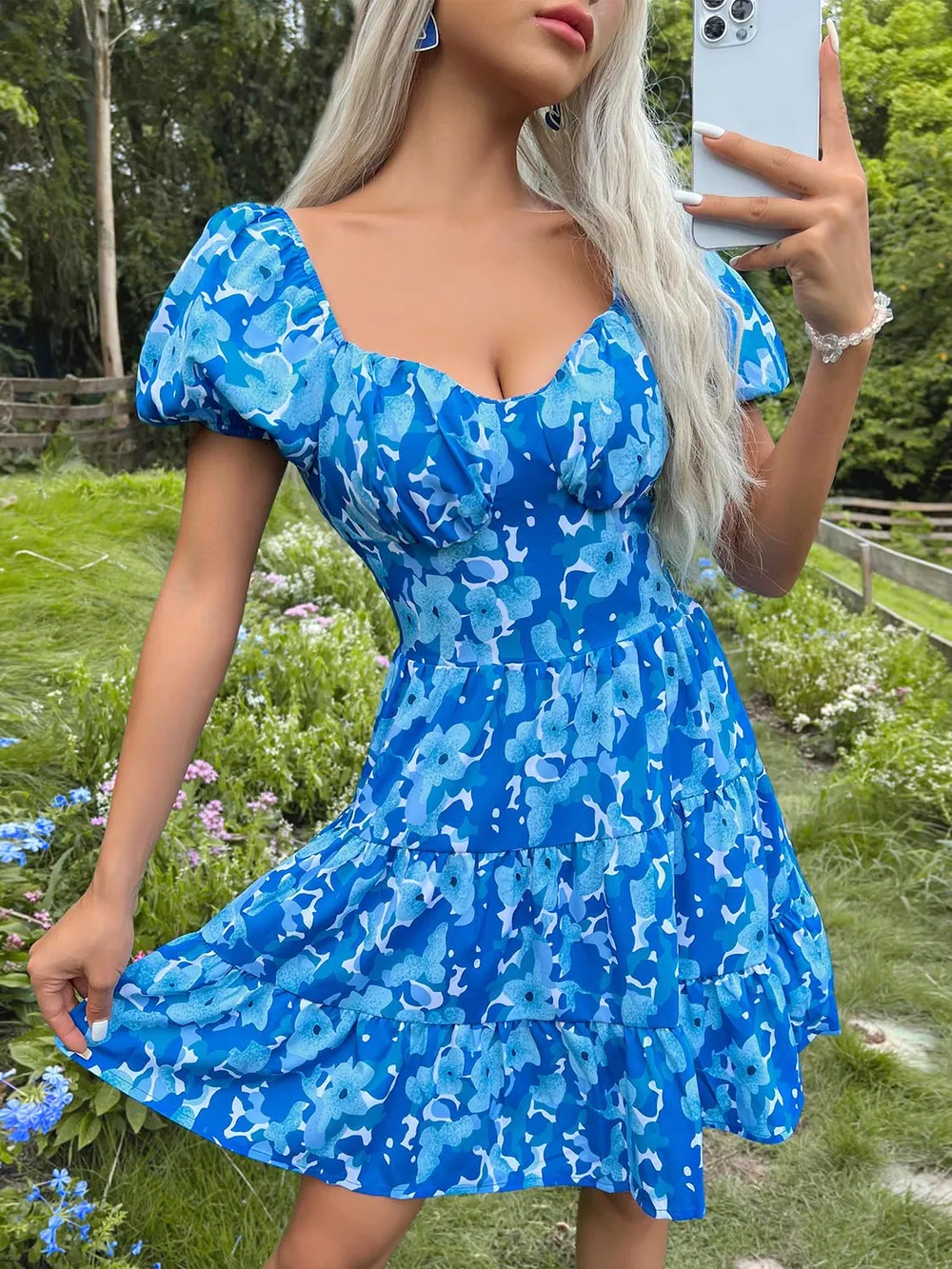 Tied Smocked Printed Short Sleeve Dress, image 4