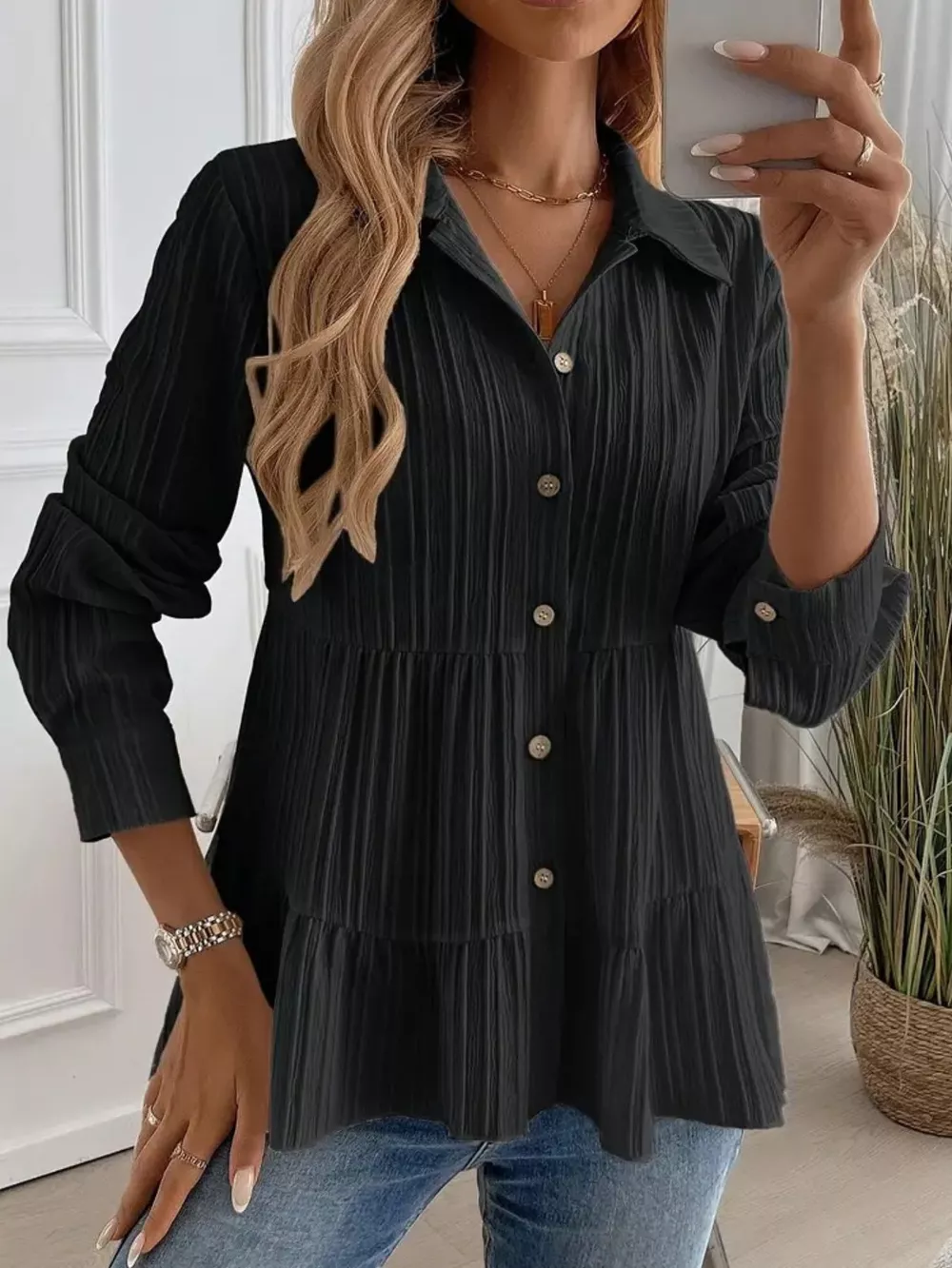 Button-Down Long Sleeve Tiered Shirt
