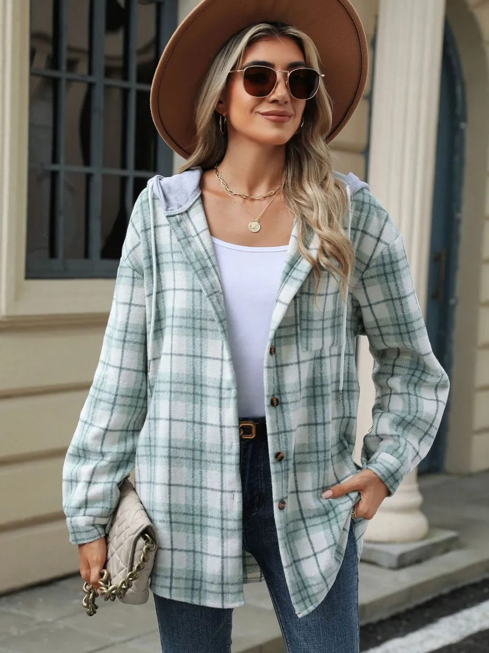 Drawstring Plaid Button Up Hooded Jacket, image 2