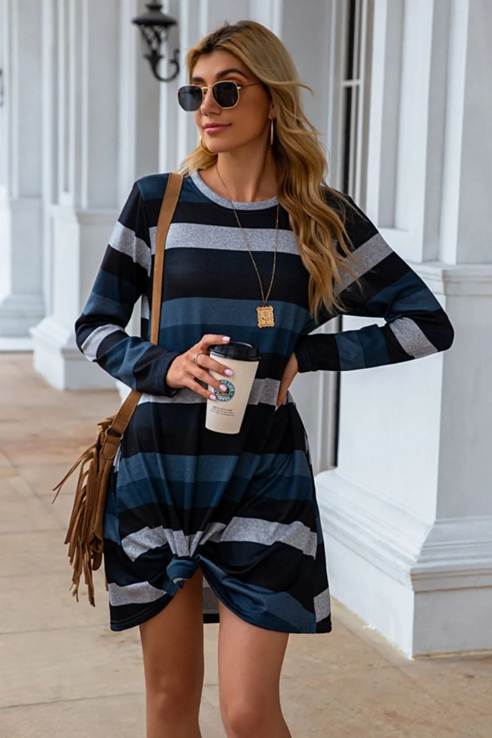 Striped Round Neck Long Sleeve Dress, image 11