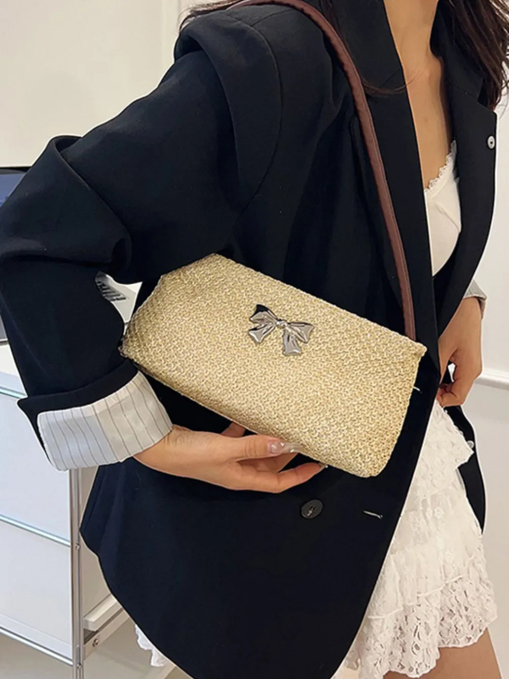 Woven Straw Shoulder Bag with Bow Detail, image 8