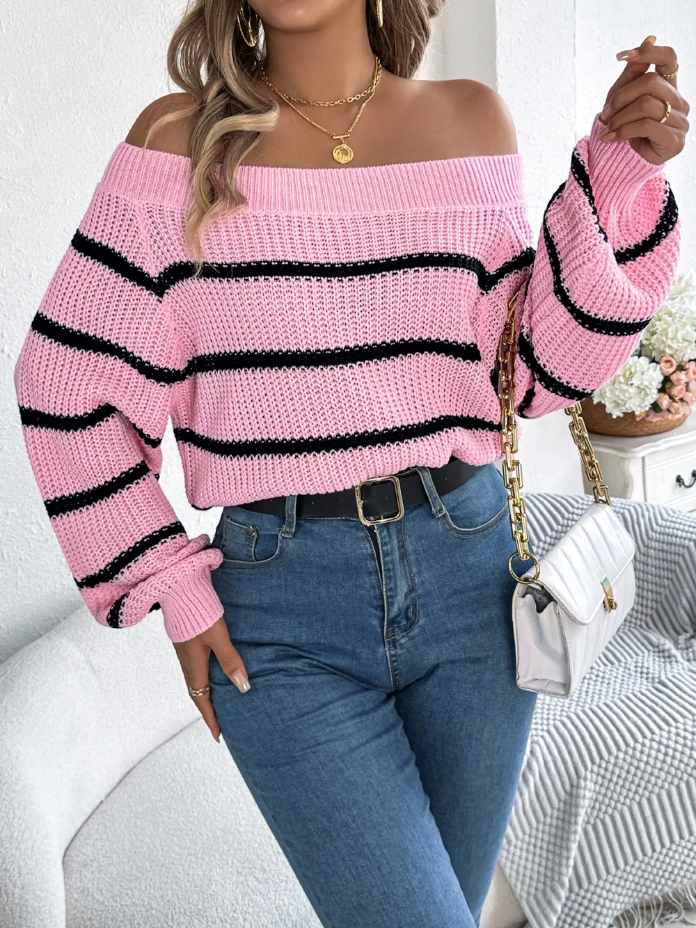 Striped Off-Shoulder Long Sleeve Sweater, image 15