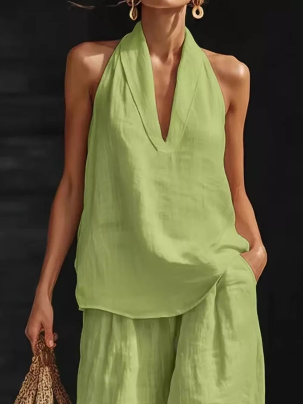 Full Size Halter Neck Top and Wide Leg Pants Set Plus Size, image 15
