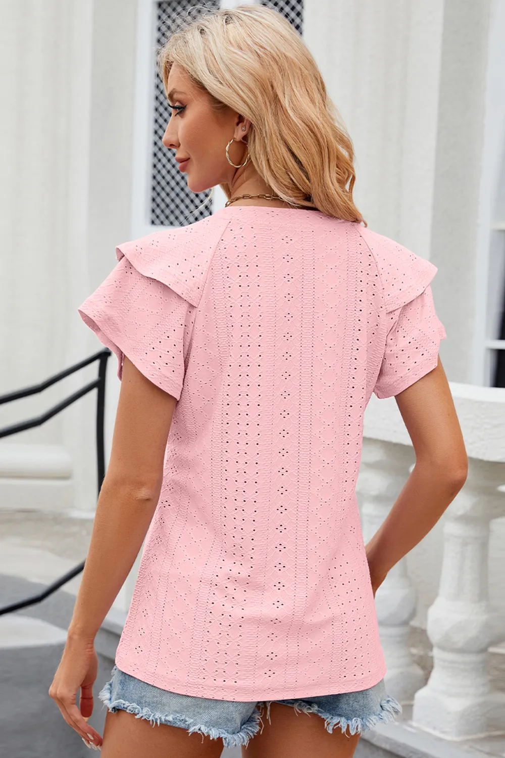 Eyelet Notched Flutter Sleeve T-Shirt, image 9