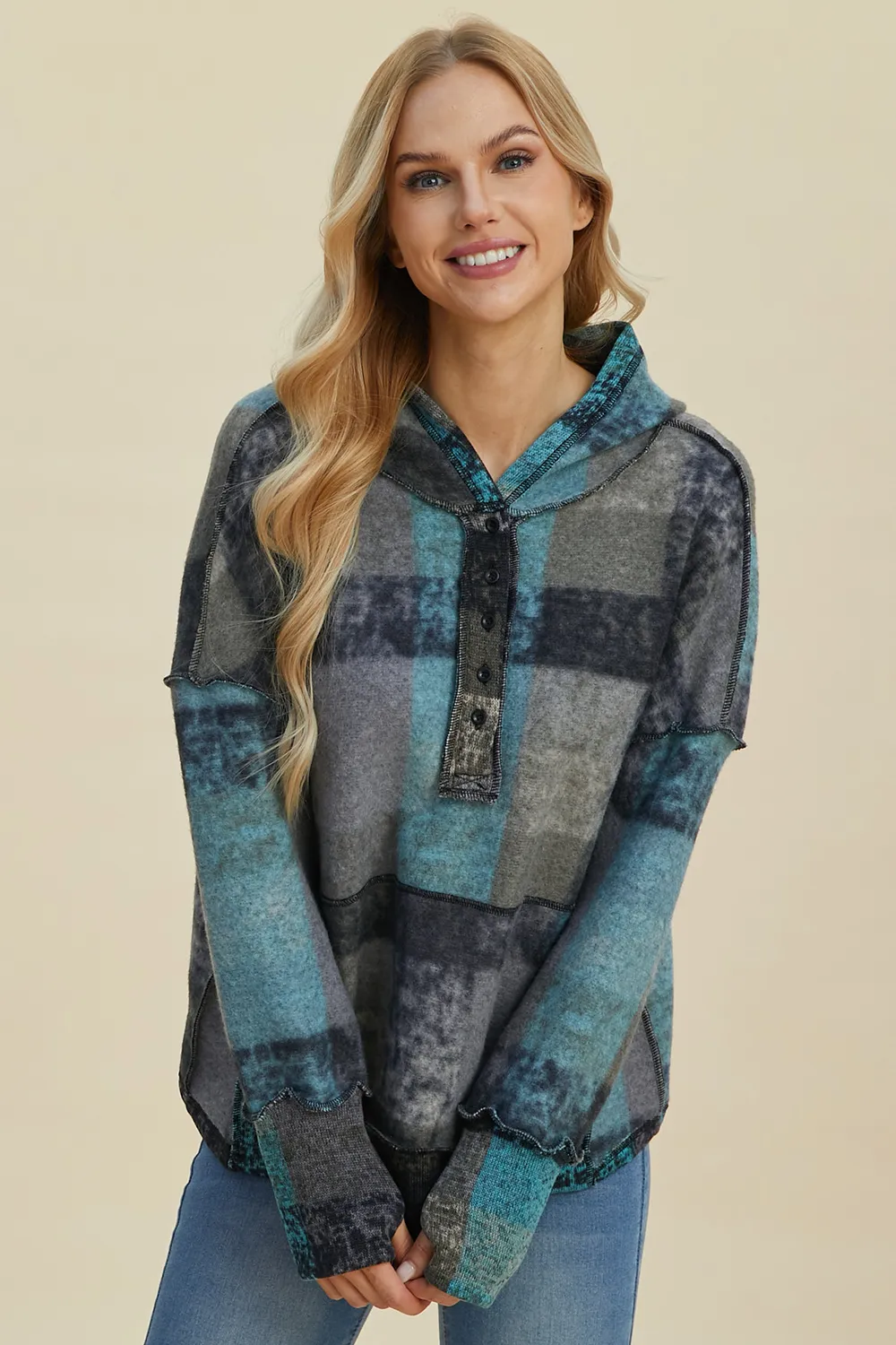 Full Size Plaid Dropped Shoulder Fleece Hoodie, image 7