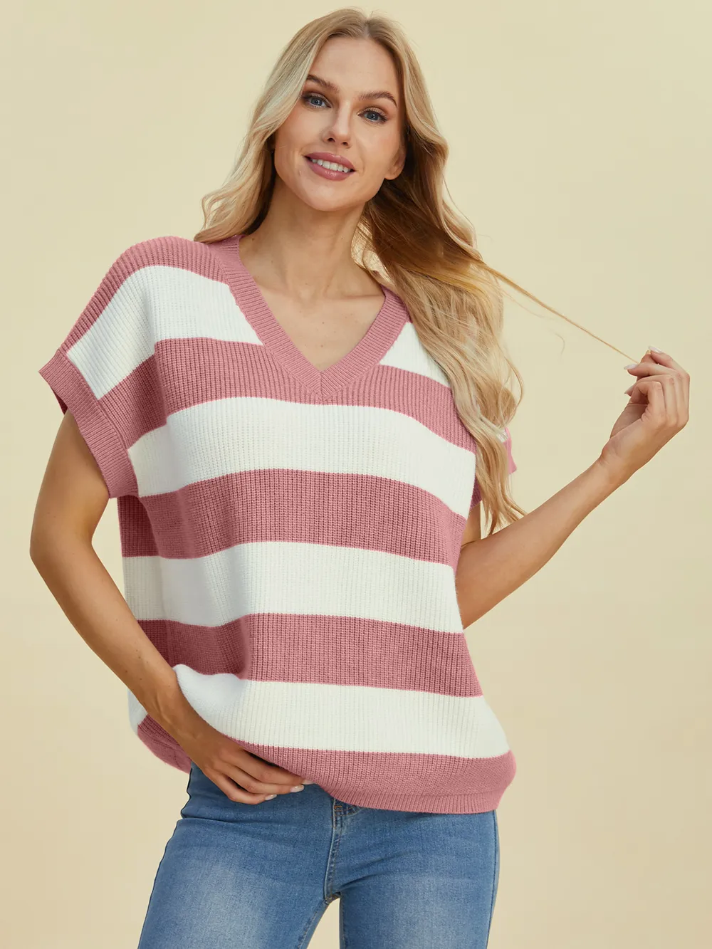 Full Size Striped V-Neck Short Sleeve Sweater, image 10