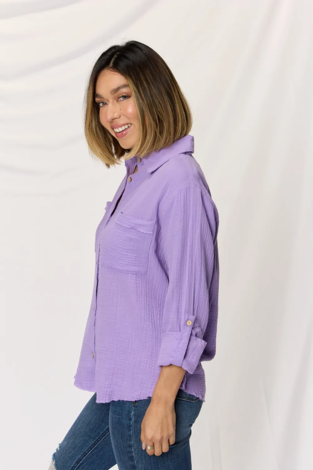 Texture Button Up Raw Hem Long Sleeve Shirt, image 3