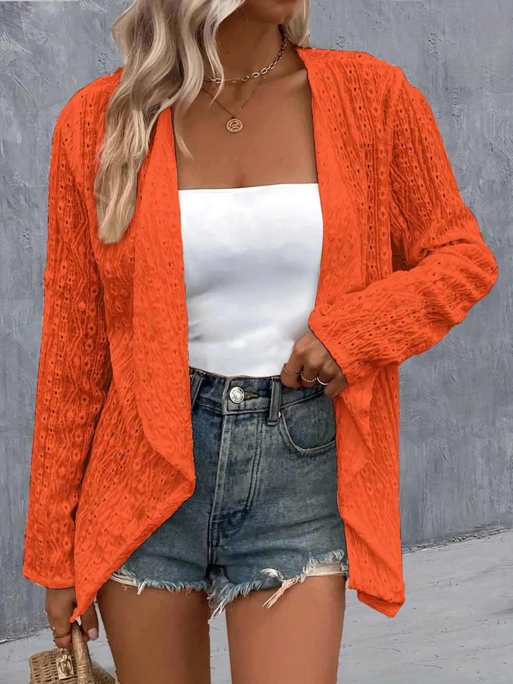 Eyelet Roll-Tab Sleeve Cardigan, image 6