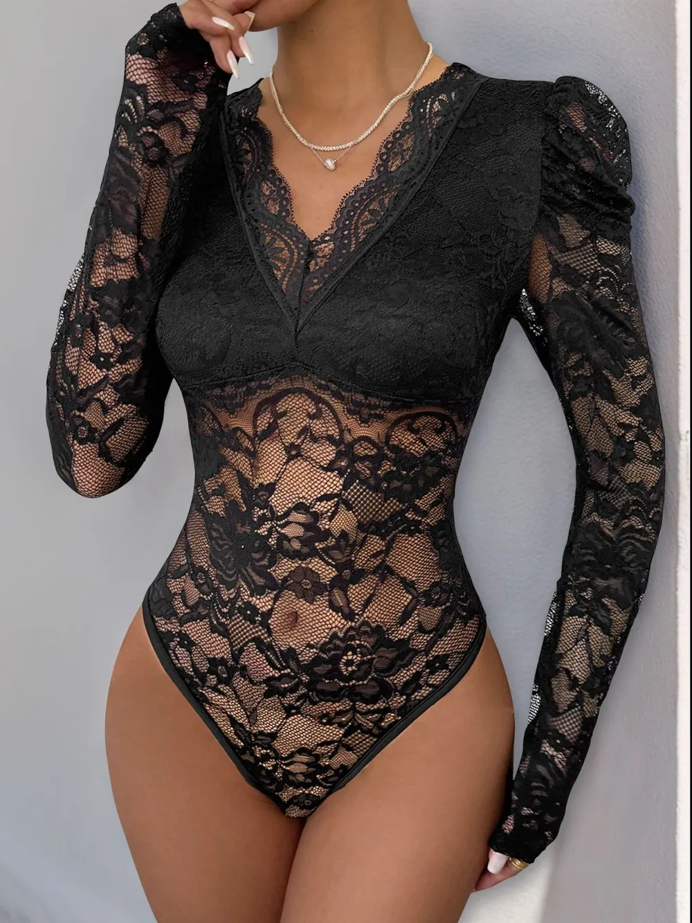 Lace V-Neck Long Sleeve Bodysuit, image 2