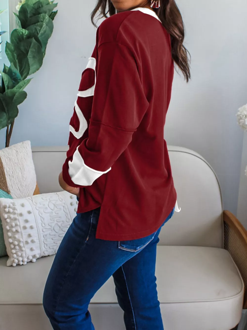 Flower Patched Round Neck Long Sleeve Top, image 2