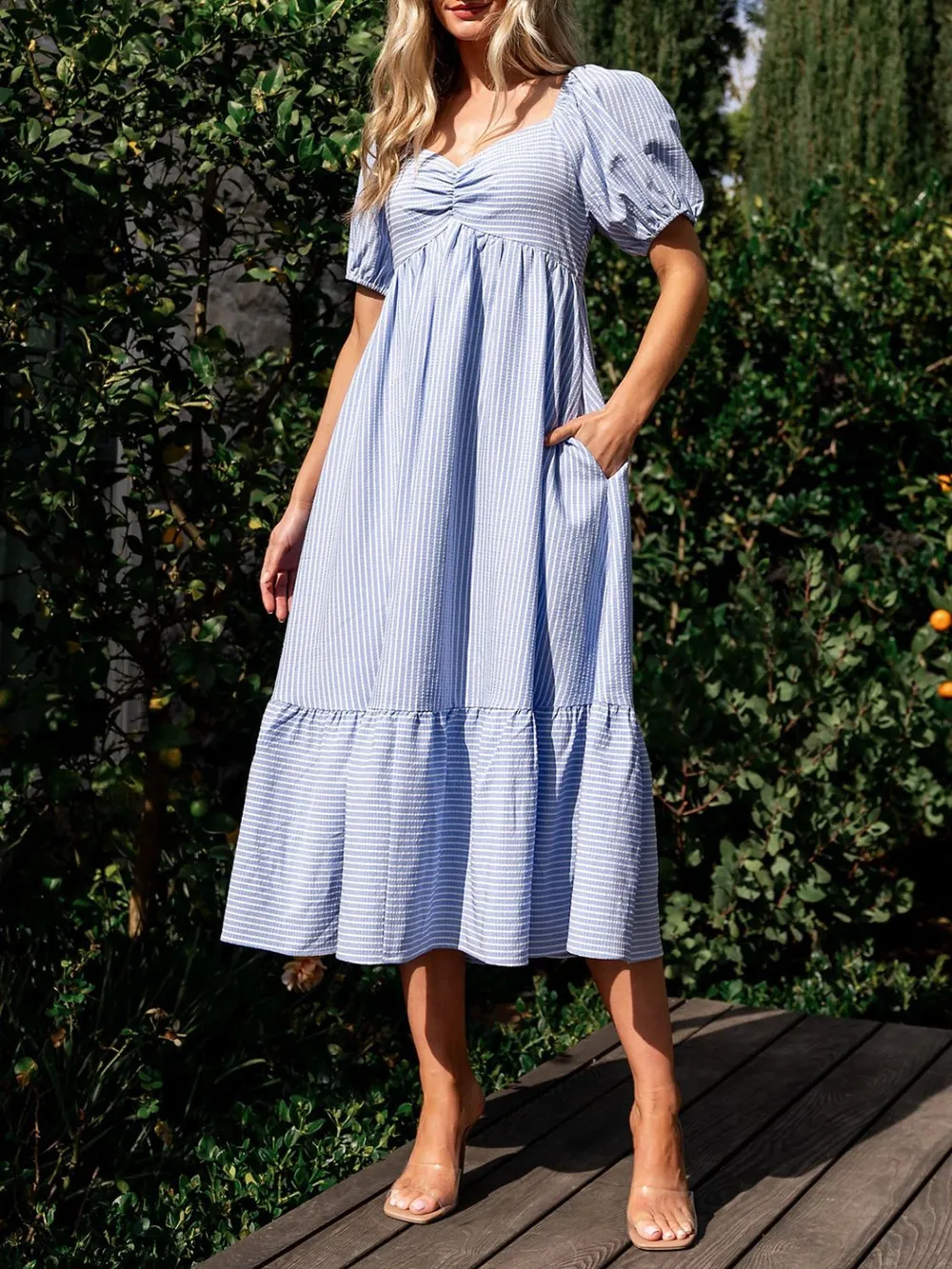 Striped Sweetheart Neck Puff Sleeve Midi Dress, image 3