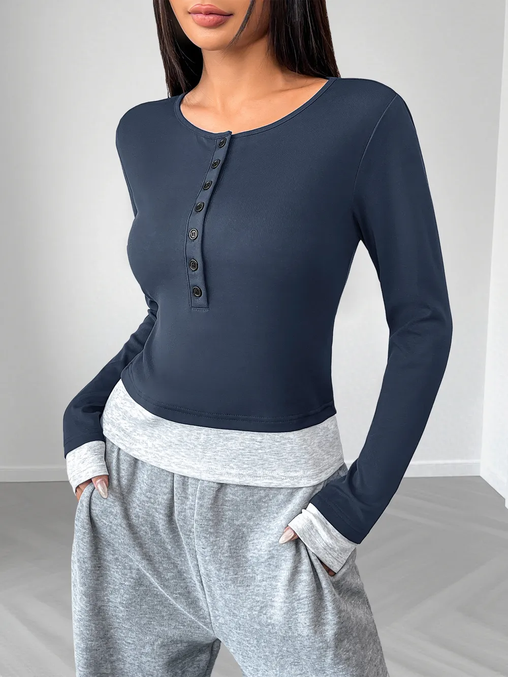 Long Sleeve Button Front Fitted T-Shirt, image 6